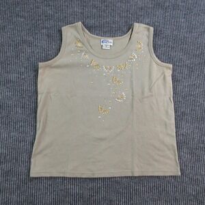 Las Olas Tank Womens M Beige Beaded Rhinestone Round Neck Sleeveless Jersey